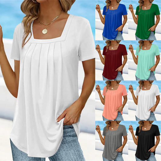🌈👚【Cumperi 1, primești 1 gratis 🔥】【S-5XL】Tricou larg uni cu decolteu pătrat pentru femei, mărimi mari, cu mânecă scurtă, 8 culori