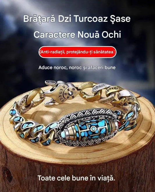 ✨️💝 【Cumpărați 1, primiți 1 gratuit】Brățară din argint 925, retro, cu șase cifre, turcoaz, cu mărgele de transfer Mantra