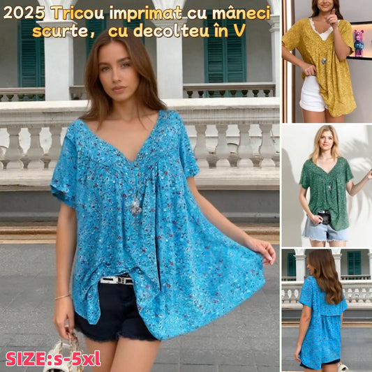 🔥【S-5XL】2026 Tricou imprimat cu mâneci scurte, cu decolteu în V