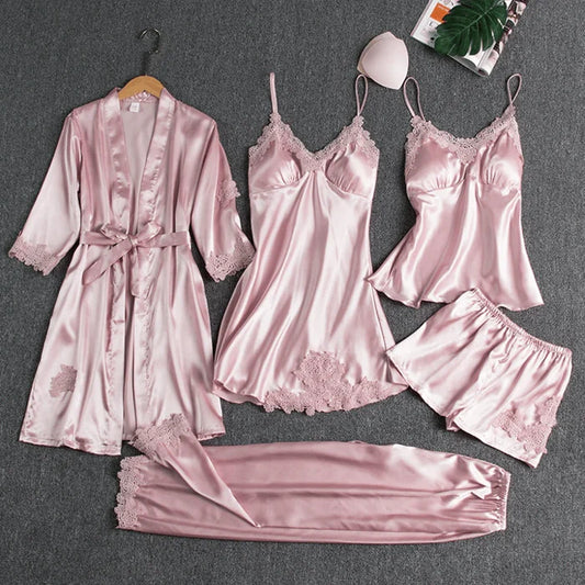 💎👗【Set de 5 piese】🔥【Set de pijamale】Set de pijamale confortabile din dantelă, format din 5 piese❤️