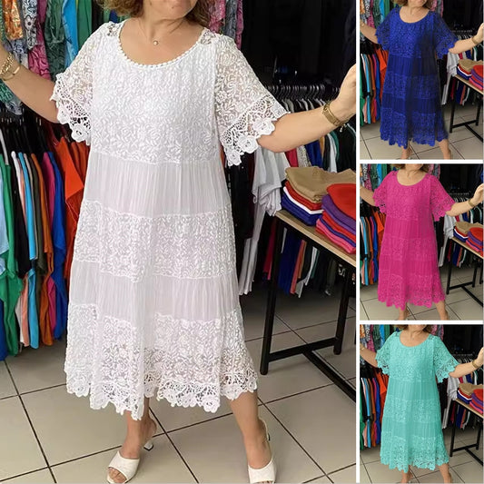 🔥【Reducere -50%!】✨✨【S-5XL】Rochie nouă tip tricou cu mânecă scurtă și gât rotund din dantelă