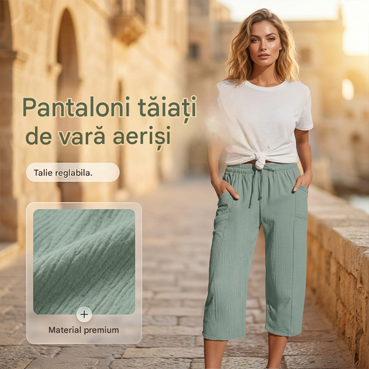 🌸Pantaloni scurți plisați, uni, din bumbac și in, pentru femei