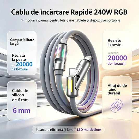 🔥 【2 bucăți la 129 de lei】 🔥 (2 metri lungime) Cablu 4 în 1 PD 240 W – USB-C, Lightning și încărcare rapidă USB-A, aluminiu și silicon, sincronizare date ⚡📱