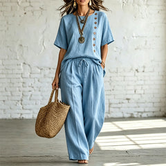 🎨 【Set din tricou + pantaloni largi 】ținută casual modernă din bumbac și in, confortabilă și respirabilă