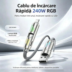 🔥 【2 bucăți la 129 de lei】 🔥 (2 metri lungime) Cablu 4 în 1 PD 240 W – USB-C, Lightning și încărcare rapidă USB-A, aluminiu și silicon, sincronizare date ⚡📱