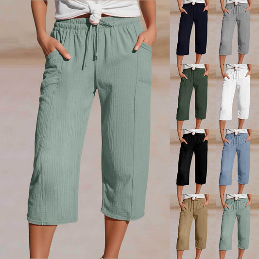 🌸Pantaloni scurți plisați, uni, din bumbac și in, pentru femei
