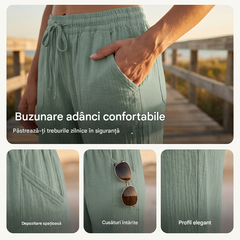 🌸Pantaloni scurți plisați, uni, din bumbac și in, pentru femei