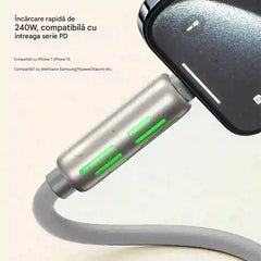 🔥 【2 bucăți la 129 de lei】 🔥 (2 metri lungime) Cablu 4 în 1 PD 240 W – USB-C, Lightning și încărcare rapidă USB-A, aluminiu și silicon, sincronizare date ⚡📱