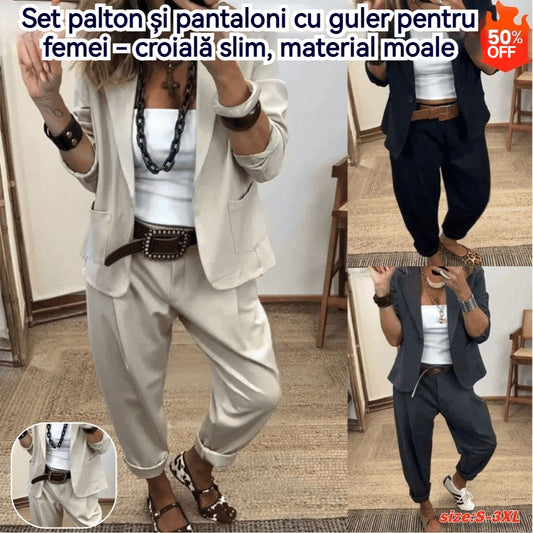 💎Ofertă limitată de 50% reducere💎Set jachetă și pantaloni cu guler pentru femei - Croială slim, material moale👖✨【40-100 kg】