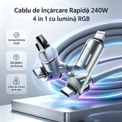 🔥 【2 bucăți la 129 de lei】 🔥 (2 metri lungime) Cablu 4 în 1 PD 240 W – USB-C, Lightning și încărcare rapidă USB-A, aluminiu și silicon, sincronizare date ⚡📱