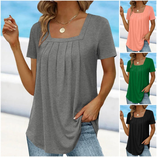 🌈👚【Cumperi 1, primești 1 gratis 🔥】【S-5XL】Tricou larg uni cu decolteu pătrat pentru femei, mărimi mari, cu mânecă scurtă, 8 culori