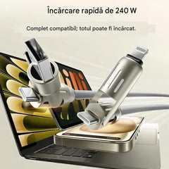 🔥 【2 bucăți la 129 de lei】 🔥 (2 metri lungime) Cablu 4 în 1 PD 240 W – USB-C, Lightning și încărcare rapidă USB-A, aluminiu și silicon, sincronizare date ⚡📱